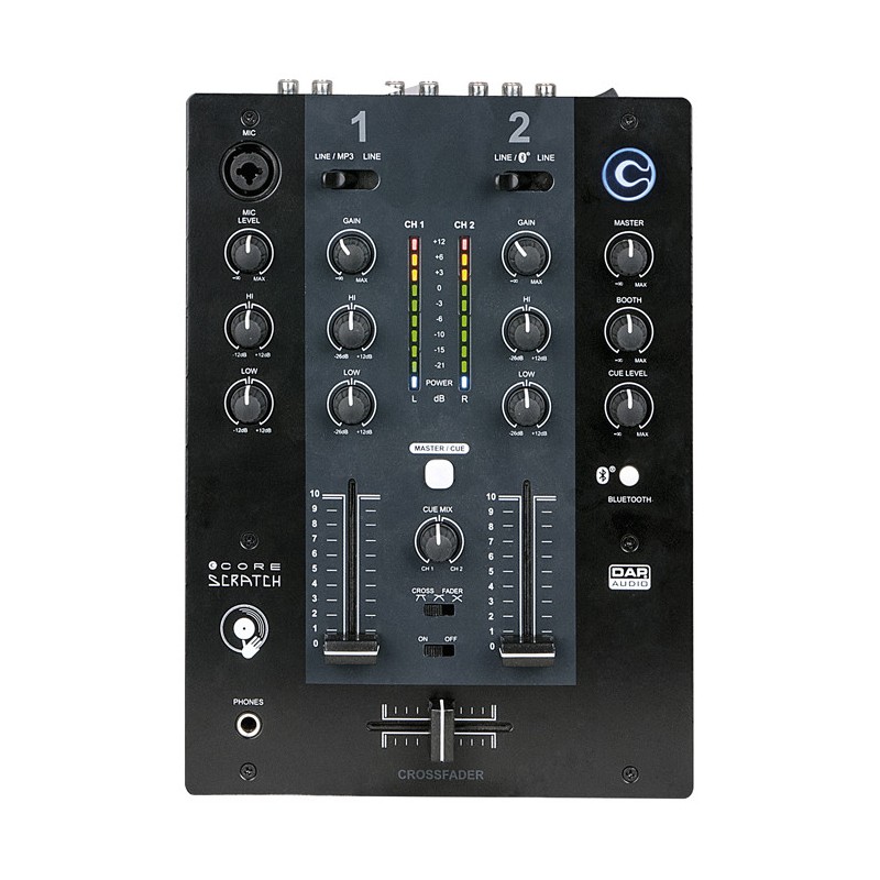 DAP CORE Scratch Mixer da DJ a 2 canali con quattro ingressi di linea, ingresso microfono modulo riproduzione Bluetooth